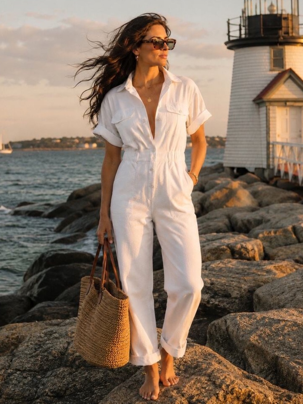 Free People White Denim Utility Jumpsuit Elastic Waist Snap Front Medium